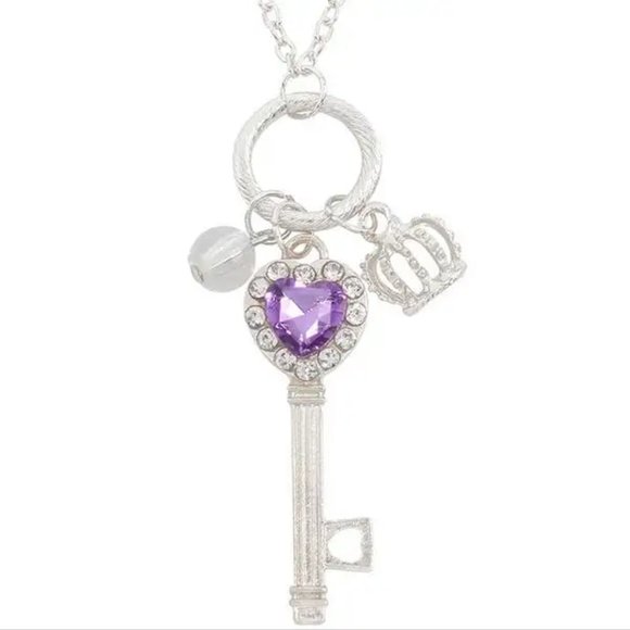 Silver Key Charm Necklace Purple Crystal - Picture 2 of 10